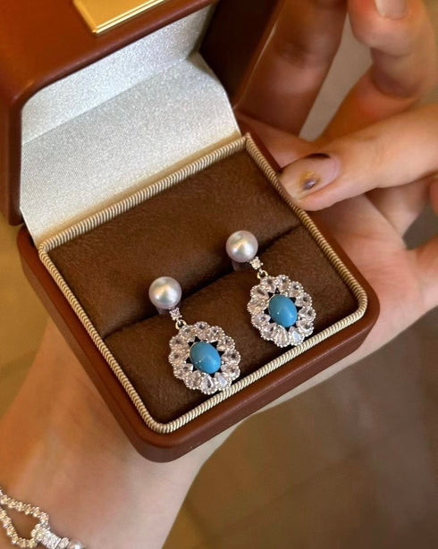 Elegant Oval Zirconia Blue Turquoise Pearl Earrings